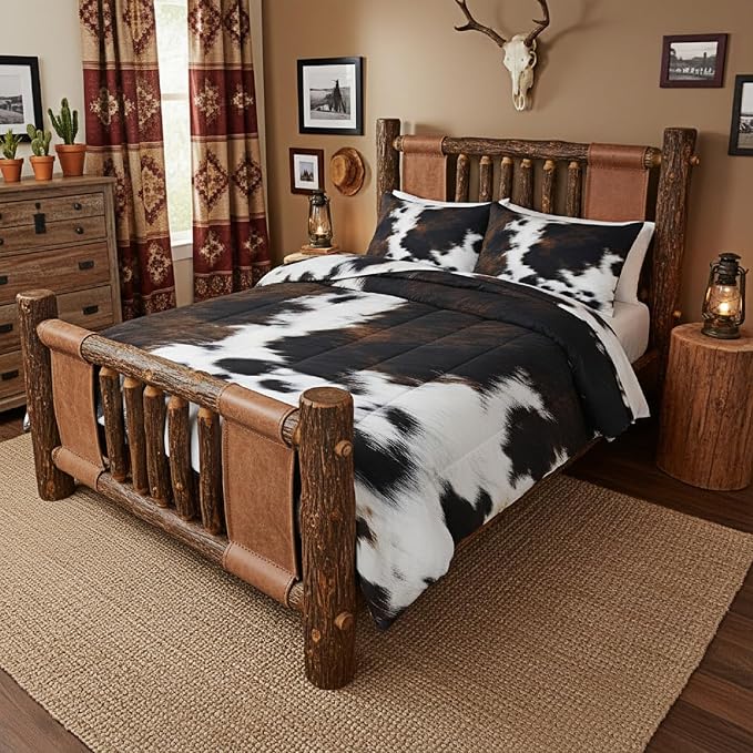Brown Cowhide Comforter Set King,Black White Aztec Cow Print Bedding Set Western Farmhouse Animal Fur Down Comforter for Kids Boys Girls,Rustic Cowboy Quilt Duvet Set 2 Pillow Cases Bedroom Decor - Image 2