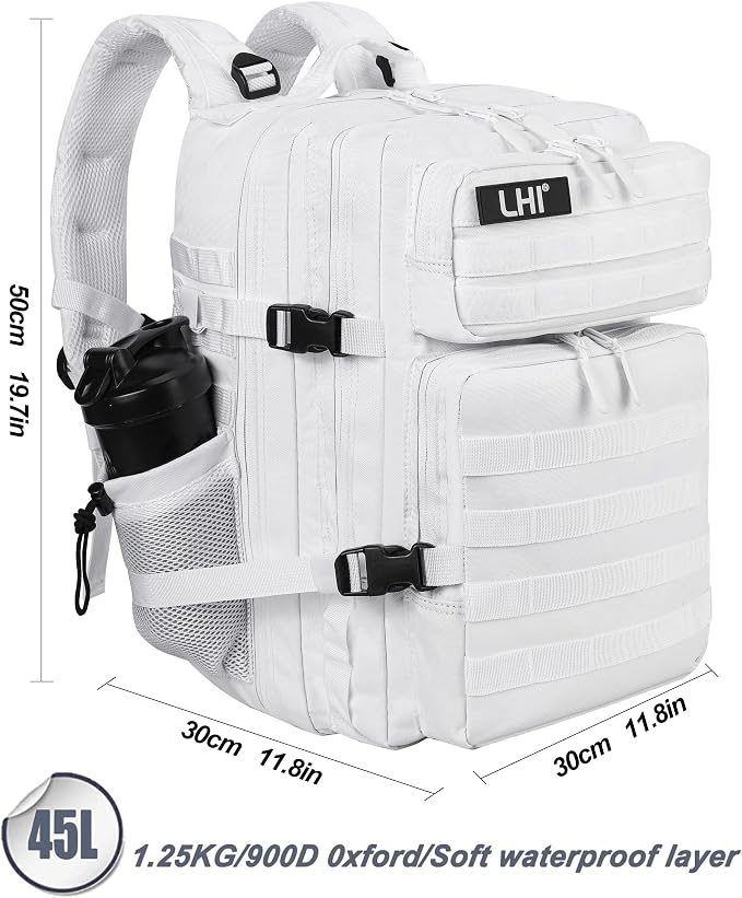 LHI Military Tactical Backpack for Men and Women 45L Army 3 Days Assault Pack Bag Large Rucksack with Molle System - White - Image 3