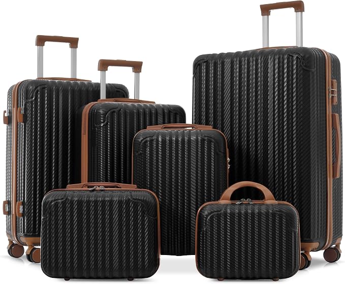 Black Brown 6 Piece Luggage Set Hard Shell - Lightweight Checked Suitcases with Spinner Wheels and Cosmetic Cases for Family Travel, Durable Carry On Luggage Sets with Lock for Women and Men by Unknown