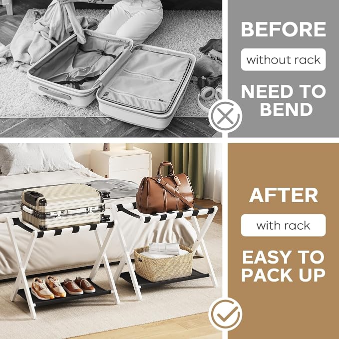 oakvivo Fully Assembled 2 Pack Luggage Rack with Fabric Storage Shelf, 26.77" Bamboo Folding Luggage Rack for Guest Room, Luggage Stand Holder, Thickened Suitcase Stand Holds up to 165 Lbs, White - Image 6