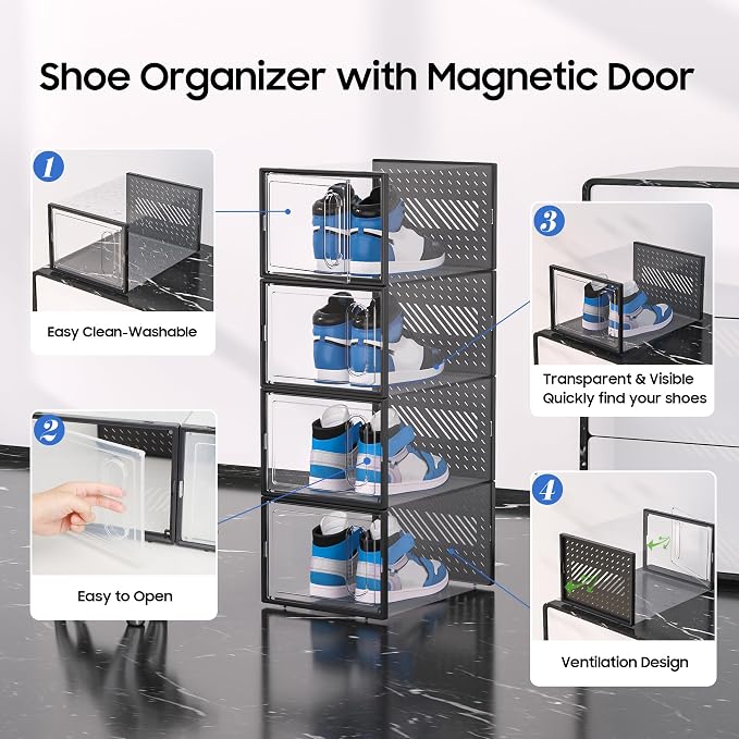eWonLife X-Large Shoe Boxes with Magnetic Door, 12-Pack Stackable Shoes Storage Organizer for Closet, Clear Plastic Sneaker Container Shoe Rack for Size 12, Black - Image 6