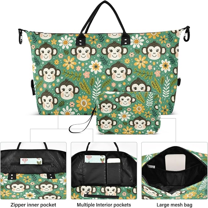 Weekender Bags Travel Duffel Gym Bag Flowers Dots Monkey Faces Carry on Overnight Tote Bag with Toiletry Bag for Airplane Travel Trip Gym Yoga - Image 2