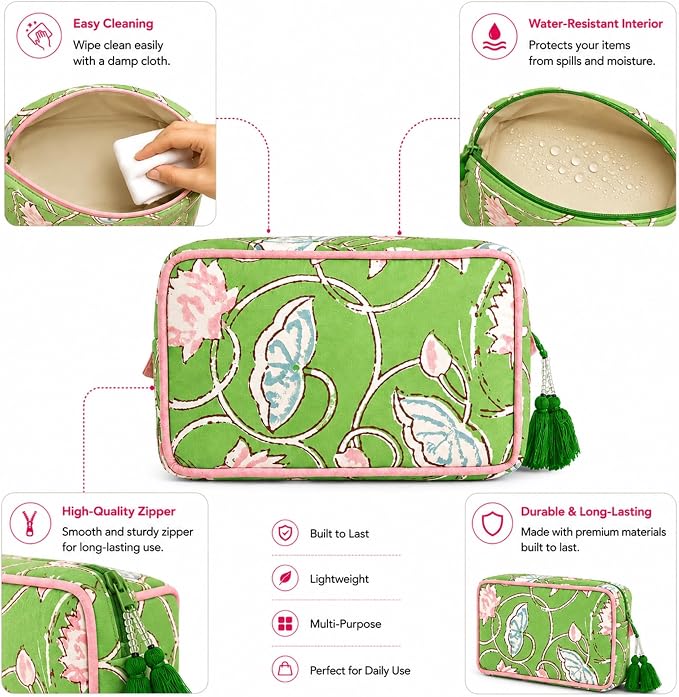Huar Travel Makeup Bag- Large Capacity Cosmetic Bags for Women - Water Resistance Lining Portable Pouch & Open Toiletry Bag - Perfect Girls Makeup Organizer for Travel Essentials (Lime & Pink Floral) - Image 3