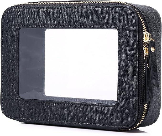 Pinkmik Clear Makeup Bag for Women Waterproof Travel Cosmetics and Toiletries Case Portable Makeup Oaganizer Bag Clear Car Bag with Zipper (Black, M) by Pinkmik