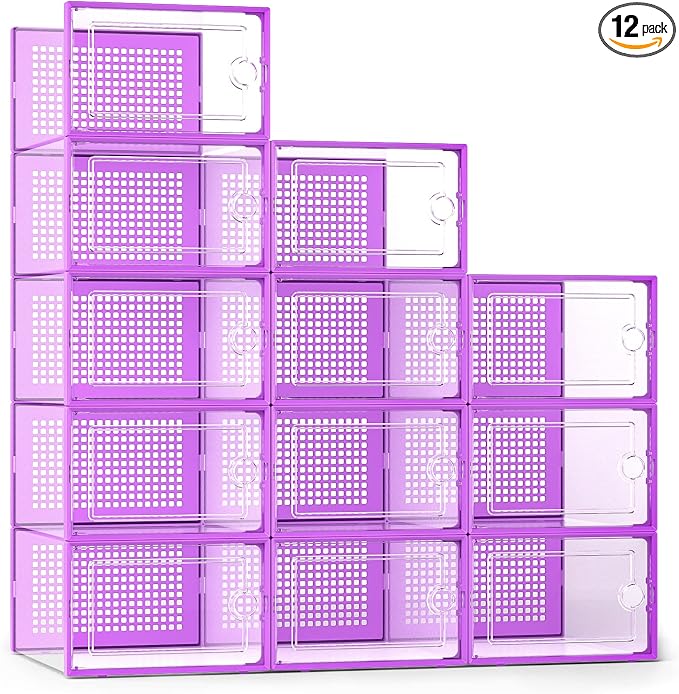 Kuject X-Large Shoe Storage Boxes Organizers Clear Plastic Stackable 12 Pack, Shoe Rack & Holder Substitute, Sneaker Containers, Toy Storage Organizer Bins for Entryway, Closet, Under Bed, Purple by Kuject