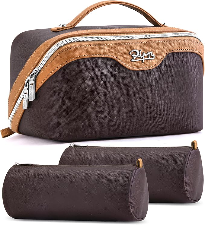 BOYATU Travel Makeup Bag Organizer Cosmetic Bag: 3 Pcs Set Make up Bags for Women with Handle - Waterproof Vegan Leather Toiletry Bags Travel Essentials Pouch with Compartments (A-03-Brown) by BOYATU