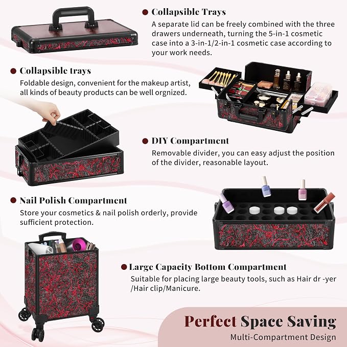 Rolling Makeup Train Case with Lid Cosmetology Case on Wheels | 5 in 1 Large Cosmetic Trolley Organizer Travel for Hairstylist Artist Nail Beauty Salon Barber Cart Trunk, Red - Image 6
