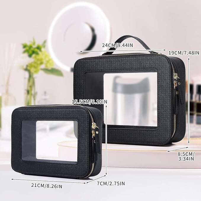 Pinkmik Clear Makeup Bag for Women Waterproof Travel Cosmetics and Toiletries Case Portable Makeup Oaganizer Bag Clear Car Bag with Zipper (Black, M+L) - Image 4