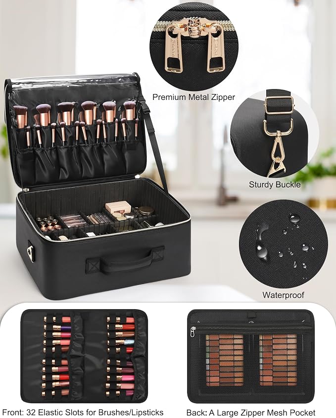 Relavel Extra Large Makeup Case Professional Cosmetic Storage Organizer Box Brush Holder with 4 Clear Set Bags for Makeup Artists with Shoulder Strap & Adjustable Dividers, Leather Black - Image 4