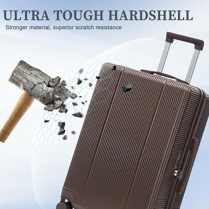 Hardside Luggage Sets, Lightweight Stripes Suitcase with Spinner Wheels, Brwon-205 - Image 3