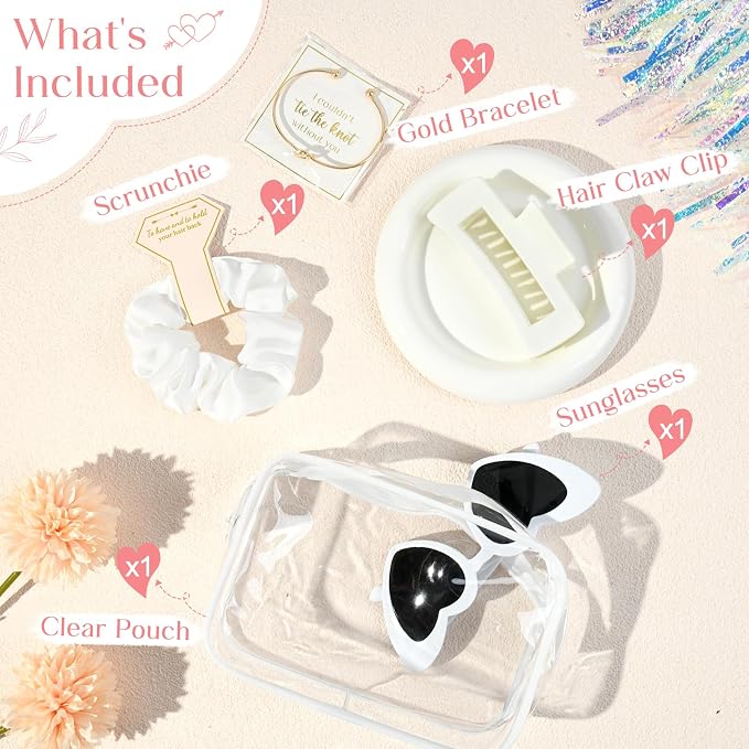 DEEKA 5 Pcs Bridesmaid Proposal Bag Set Gift Clear Makeup Toiletry Bag Bachelorette Party Favors Sunglasses Hair Claw Clips Scrunchies Knot Bracelets Bridal Wedding Party Gifts (White) - Image 2