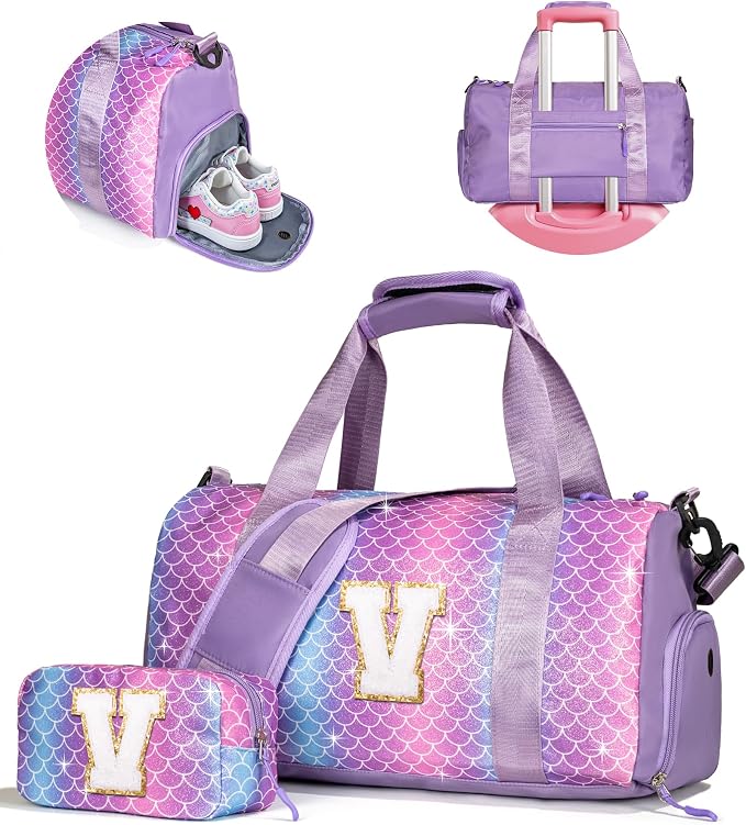 Girls Gym Bag with Shoe Compartment, Kid Personalized Weekender Overnight Bags, Initial Travel Tote with Makeup Pouch, Mermaid Purple (Letter V) by Vogewood