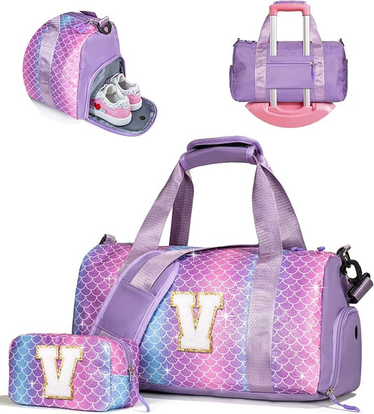 Girls Gym Bag with Shoe Compartment, Kid Personalized Weekender Overnight Bags, Initial Travel Tote with Makeup Pouch, Mermaid Purple (Letter V) by Vogewood