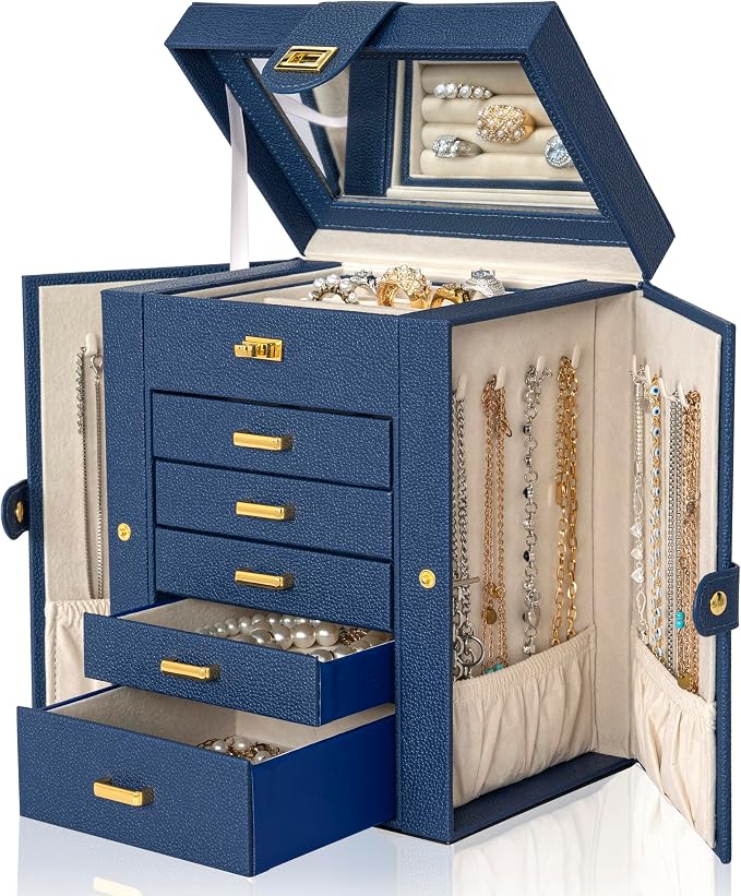 AKOZLIN 6-Tier Jewelry Box Organizer Functional 5 Drawers Leather Jewelry Storage Case for Women Girls Ring Necklace Earring Bracelet Holder Organizer with Mirror Blue Regular - Image 8