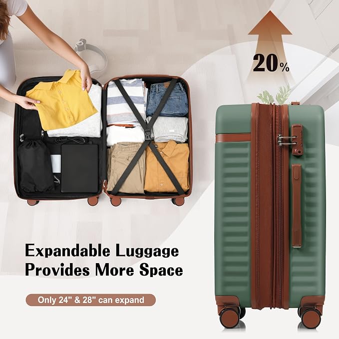 Hardshell Luggage, Lightweight Suitcase with Spinner Wheels, GREEN+USB - Image 3