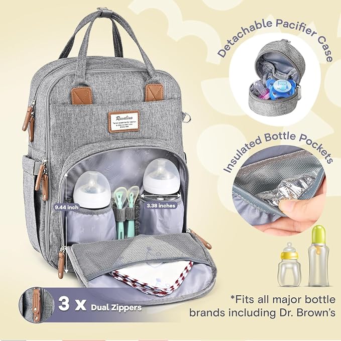 RUVALINO Diaper Bag Backpack-Expandable Baby Bag with up to 50% Capacity -Baby Essentials Bag with Changing Pad Insulated Bottle Holders & Pacifier Case, Waterproof, Gray XL - Image 4