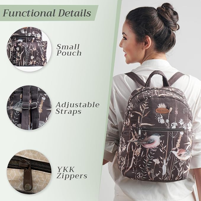 Maison d' Hermine Backpack for Women Men Cotton Shoulder Multipurpose Rucksack with Small Pouch Lightweight Multi Pocket Bag for Travel Work Perfect for Spring Summer (Meadow Florals - Brown) - Image 4