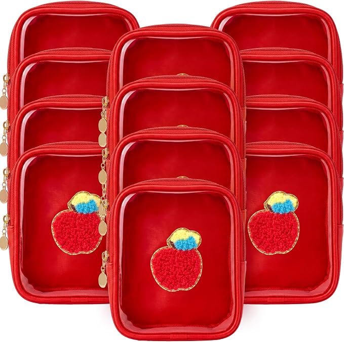 12 Pack Back to School Clear Makeup Bag PVC Transparent Cosmetic Pouch with Red Apple Embroidery, Teacher Appreciation Gifts, Small Waterproof Leather Bag for Women by Unknown