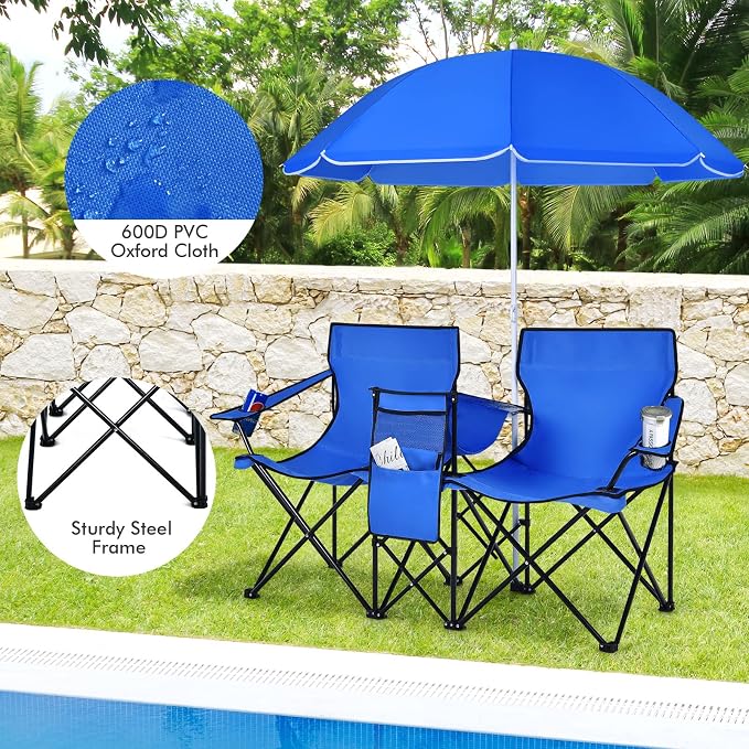 Goplus Double Camping Chair with Umbrella, Folding Loveseat Chairs w/Canopy Shade, Carrying Bag, Table, Cup Holder, Portable Beach Chairs Outdoor Picnic Patio (Blue) - Image 4