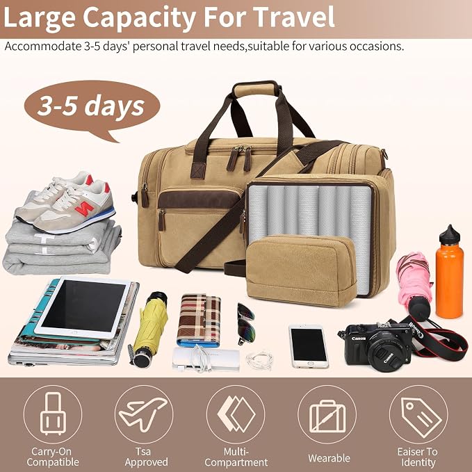 Mens Duffle Bag for Travel 60L Expandable Canvas Weekender Overnight Travel Duffel Bag with Shoe Compartment Carry-On for Airplanes Khaki - Image 6