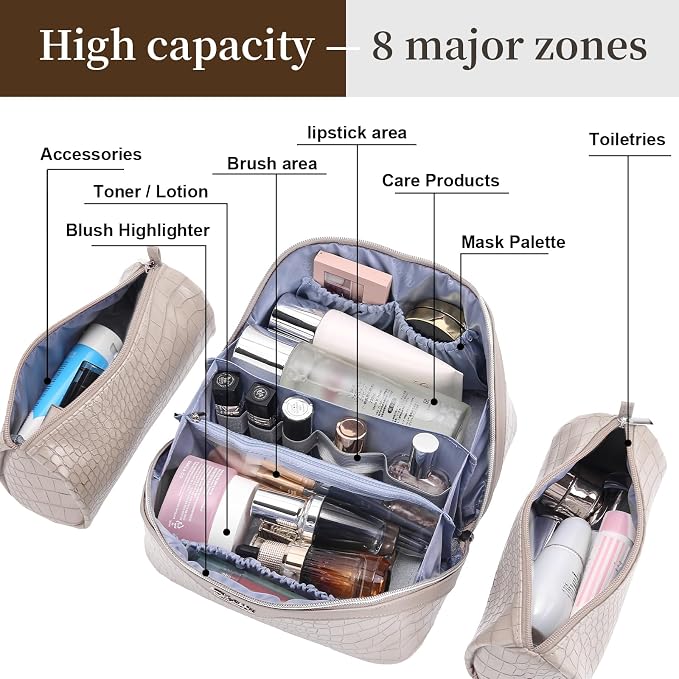BOYATU Travel Makeup Bag Cosmetic Bags for Women: 3 Pcs Set Large Capacity Make up Bag with Handle - Crocodile Pattern Vegan Leather Toiletry Bags Travel Essentials with Compartments(E-5-Apricot) - Image 5