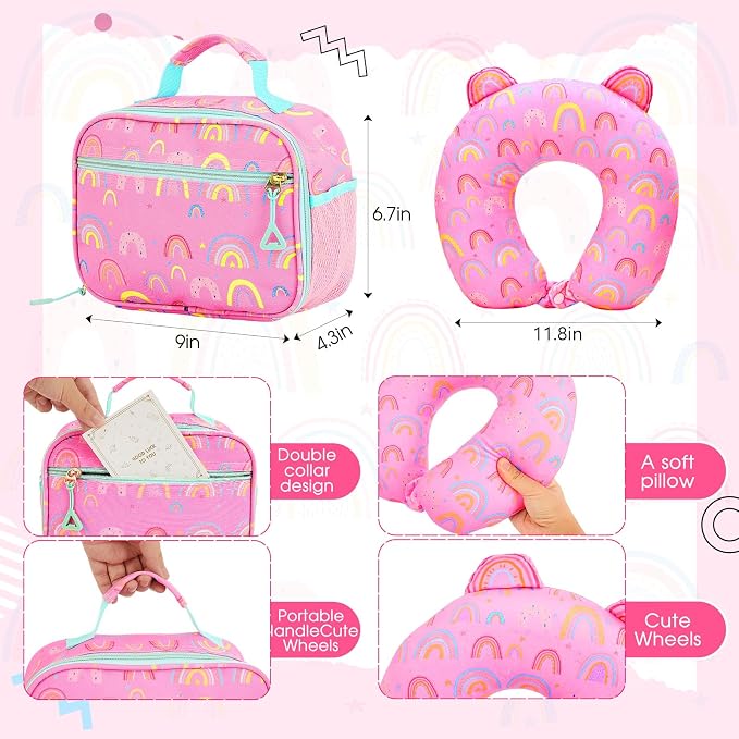 Redbaker 6 Pcs Kids Luggage Set, 17 Inch Rolling Suitcase with Backpack Lunch Bag Neck Pillow, Pink Rainbow Travel Set for Summer Vacation Sleepover Back to School Gift - Image 4