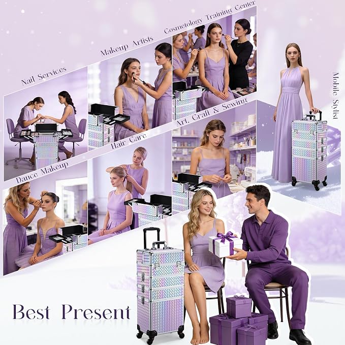 Stagiant Rolling Makeup Case Cosmetology Case on Wheels 4 in 1 Makeup Travel Case Extra Large Cosmetic Box with Key Make Up Artist Traveling Storage Nail Case Salon Barber Cart Trunk Pinkish Purple - Image 4