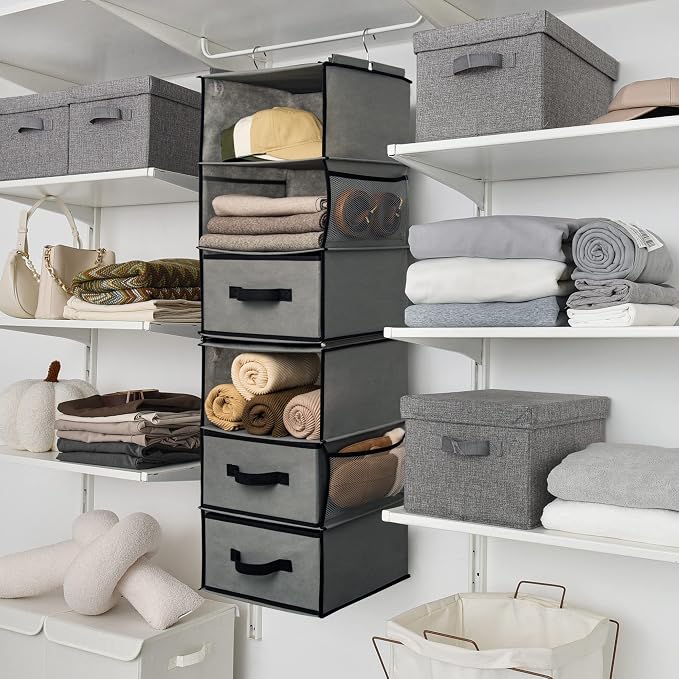 GRANNY SAYS 6-Shelf Hanging Closet Organizer, Separable to 2 Pack 3-Shelf, Closet Organization and Storage with 3 Different Drawers, 4 Side Pockets Wardrobe Clothes Organizer, Gray, 1-Pack - Image 2