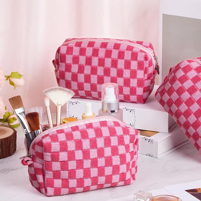 Gilprop 12 Pcs Checkered Makeup Bag for Purse Small Cosmetic Pouch Bulk Portable Zipper Makeup Pouch Travel Toiletry Organizer Gifts for Women Bridesmaid Wedding Party Favors (Hot Pink) - Image 3