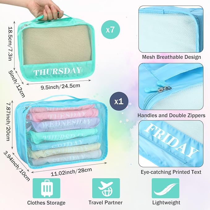 Days of Week Packing Cubes Summer Camp Essentials Weekly Organizer Storage Bag School Clothes for Travel Kids Family(9x7x3inch,Macaron,8) - Image 3
