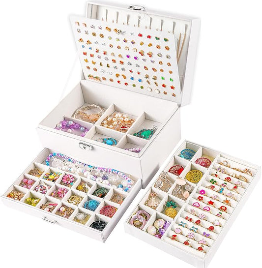 QBestry Earring Jewelry Box for Women Girls Stud Organizers, 5 Layers White Jewelry Organizer Box with Lock Necklaces and Earrings Holder Jewelry Box with Earring Organizer for Women Girls Xmas Gifts by QBestry