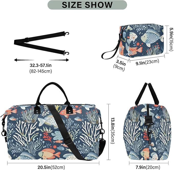 Weekender Bags Travel Duffel Gym Bag Carry on Overnight Tote Bag with Toiletry Bag for Airplane Travel Trip Gym Yoga (Ocean Animals and Plants) - Image 3