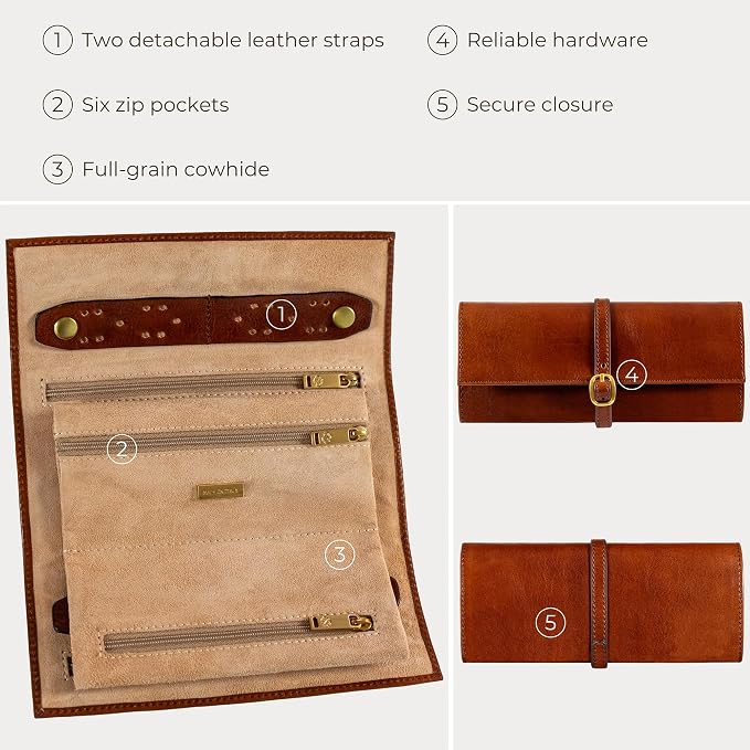 Time Resistance Leather Jewelry Roll - Full Grain Leather Travel Jewelry Case - Jewellery Organizer Made in Italy (Cognac Brown) - Image 6