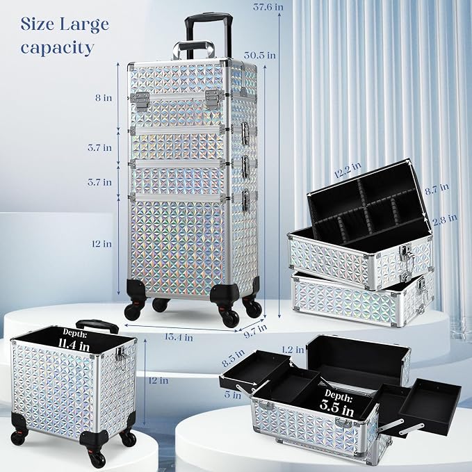 Stagiant Rolling Makeup Case Cosmetology Case on Wheels 4 in 1 Large Cosmetic Organizer Train Case Makeup Travel Case with Key Nail Artist Salon Storage Traveling Cart Big Trunk Shiny Silver - Image 5