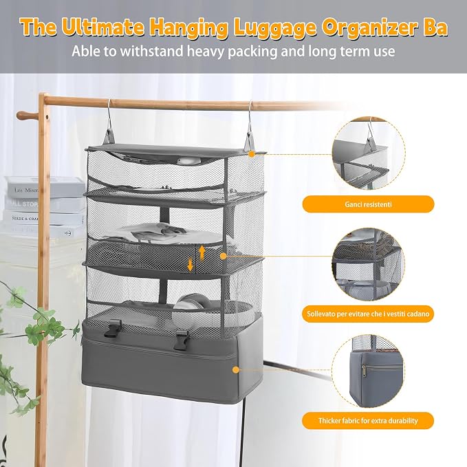 Hanging Packing Cubes for Travel - 300D Oxford Fabric Suitcase Organizer Hanging | Foldable Storage for Clothes, Shoes & Toiletries | Multi-Scene Gray Hanging Packing Cube (gray, l) - Image 3