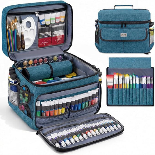 JJRING Acrylic Paint Organizer Bag With Adjustable Dividers, Green | Versatile Art Supply Storage Case With 12-Slot Brush Holder & Clear Zipper Pocket For Multi-Size Bottles, Travel Tote by JJRING