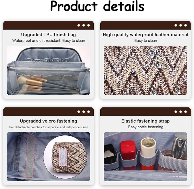 BOYATU Travel Makeup Bag for Women: Western Boho Make up Bag Set of 3 - Large Capacity Vegan Leather Cosmetic Bag - Waterproof Toiletry Bag with Compartments & Handle & Divider(J-2-Brown) - Image 4