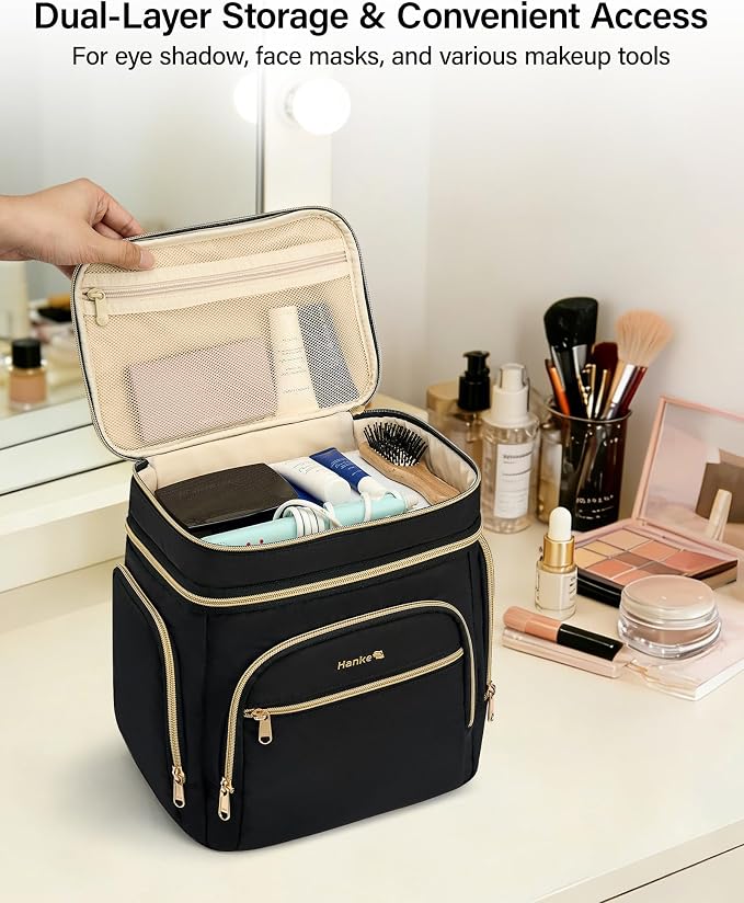 Hanke Large Toiletry Bag for Women Travel, Double Layer Organizer with Wide Opening for Full-Size Cosmetics & Toiletries, 12.2L Water-Resistant Makeup Bag,Black - Image 5