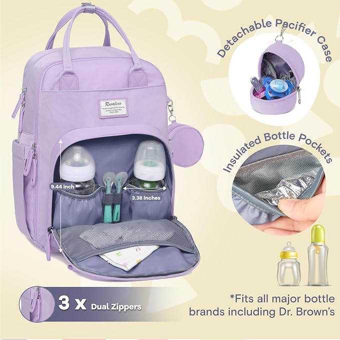RUVALINO Diaper Bag Backpack, Multifunction Travel Pack Maternity Baby Changing Bags, Large Capacity, Waterproof, Taro Purple - Image 2