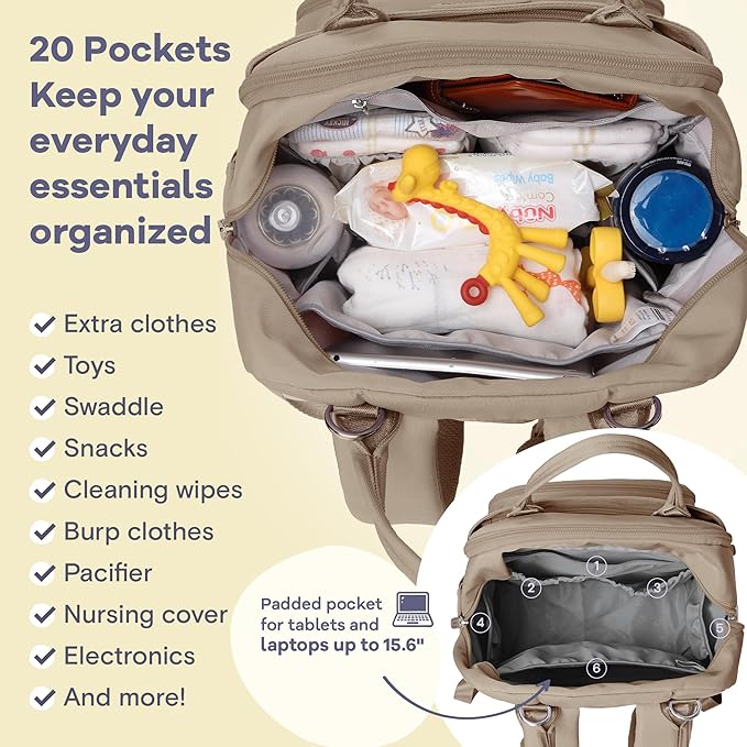 RUVALINO Diaper Bag Backpack-Multifunction Baby Travel Bag with Changing pad, Insulated Bottle Holders & Pacifier Case, Large Capacity, Waterproof, Clay - Image 4