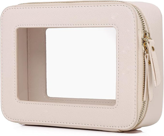 Pinkmik Clear Makeup Bag for Women Waterproof Travel Cosmetics and Toiletries Case Portable Makeup Oaganizer Bag Clear Car Bag with Zipper (Beige, M) by Pinkmik