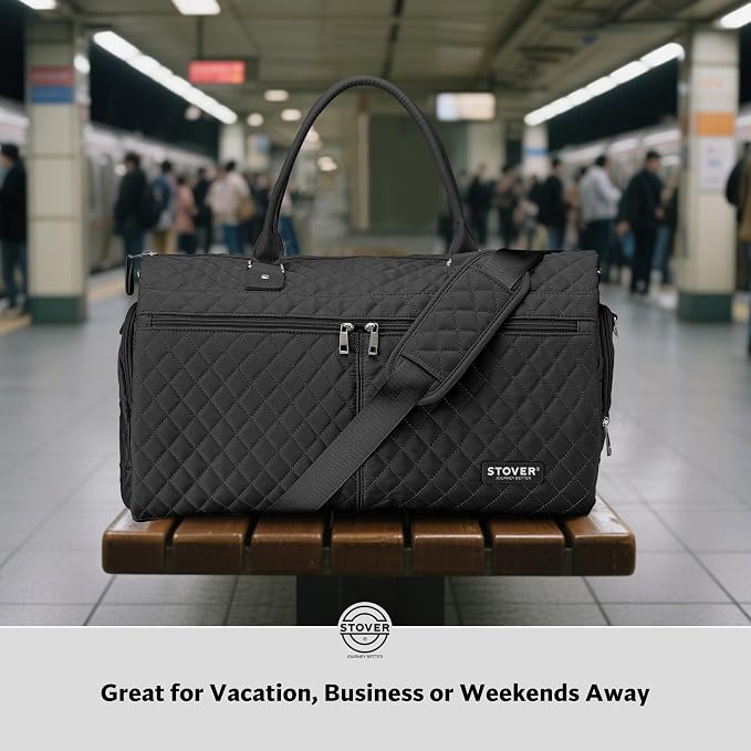 STOVER Women’s Convertible Garment Duffel Bag for Travel – 2-in-1 Carry-On Weekender/Overnight Tote - Wrinkle-Free Dresses, Suits & Clothes + Shoe Compartment & Bonus Toiletry Bag (Onyx Black) - Image 9