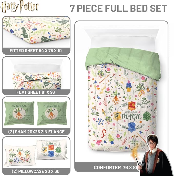 Harry Potter Full Comforter Set 7 Piece Soft Floral Bedding, Multi | Herbology, Bed in a Bag, Comforter Sheets Shams Pillowcases, Official Product, Soft Microfiber, Machine Washable, Easy Care - Image 3