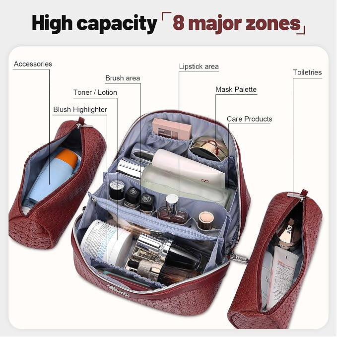 BOYATU Travel Makeup Bag Cosmetic Bags for Women: Large Capacity 3 Pcs Set Make up Bag with Compartments - Waterproof Vegan Leather Toiletry Organizer Bags with Handle (L52Burgundy) - Image 4