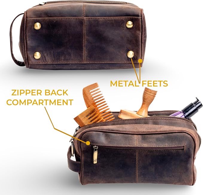 Full Grain Leather Toiletry Bag for Men & Women Travel Pouch, Travel Shaving Kit Organizer with YKK Zipper, Spacious Bathroom Grooming & Cosmetic Storage Case - Waterproof Lining (Dark Brown) - Image 4