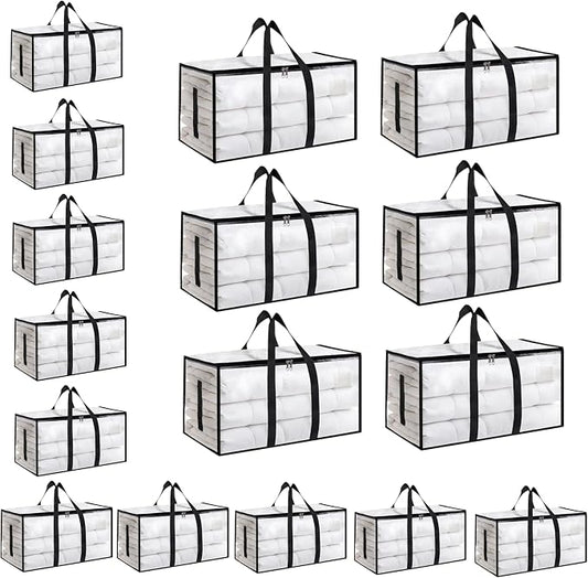 16 Pack-Extra Large Heavy Duty Moving Bags - Waterproof Storage Totes with Handles & Zippers, Foldable for College Dorm, Storage (Clear) by Unknown