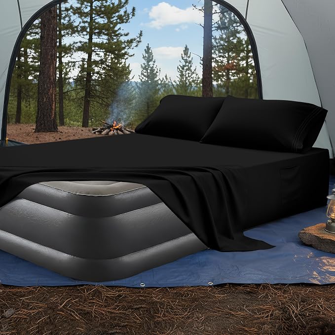 Mocassi 4-Piece Extra Deep Pocket 16-24 Inch Air Mattress Bed Sheet Set- 4PC Sheet Set with Smart Pockets Ideal for Air Beds, RVs, Camping and Guest Rooms Premium Hotel Quality, Full, Black - Image 4
