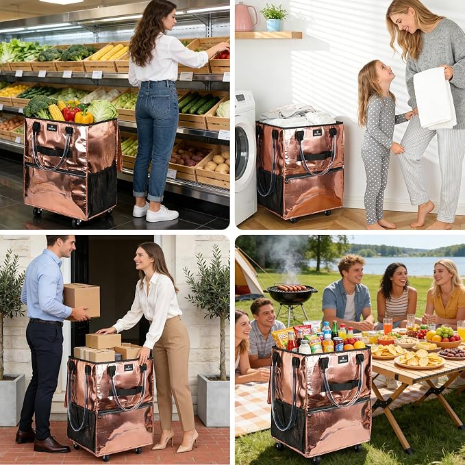 Reusable Grocery Bag On Wheels, 70L Foldable Rolling Tote Bag with 6 Pockets, Heavy Duty Shopping Cart, Collapsible Portable Shopping Cart, Zipper Closure for Travel Shopping Moving, Medium, Rose Gold - Image 7