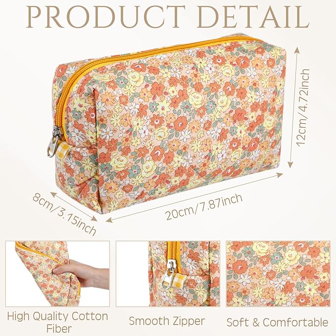 Paterr 10 Pcs Quilted Makeup Bag Bulk Cotton Floral Cosmetic Bag Women Girls Bridesmaid Gifts Cute Makeup Pouch Coquette Aesthetic Travel Toiletry Organizer(Yellow Floral,7.87 x 4.72 x 3.15 Inches) - Image 2