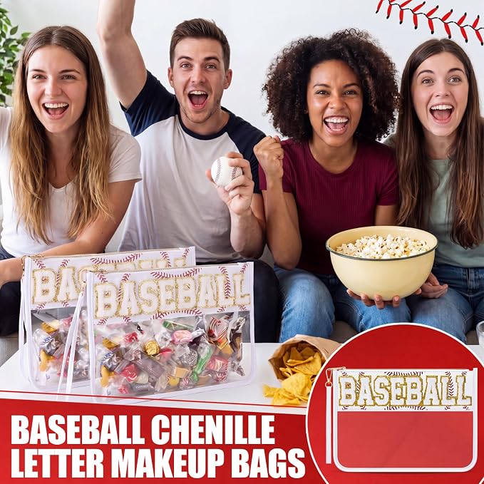 6 Pcs Baseball Gifts White Chenille Letter Makeup Bags Nylon Clear Cosmetic Bags Toiletry Zipper Pouch Travel Purse for Sports Women Party Holiday Favor - Image 6